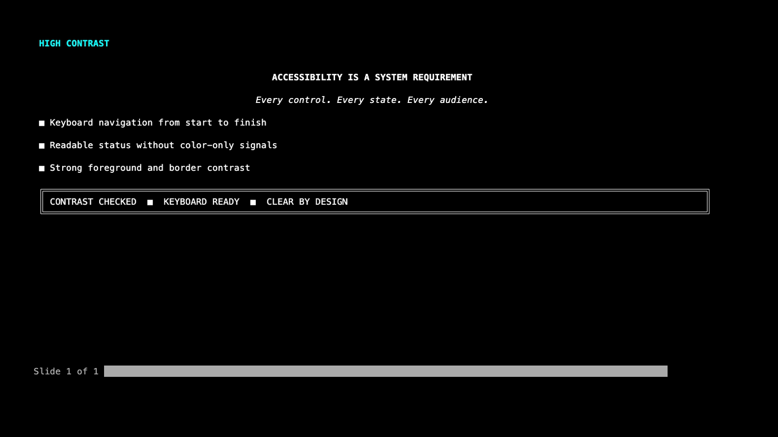 High Contrast theme showing an accessibility checklist