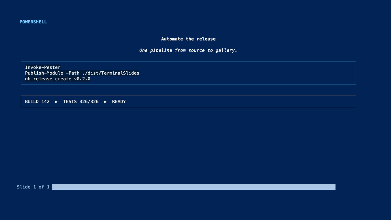 PowerShell theme showing an automated release pipeline