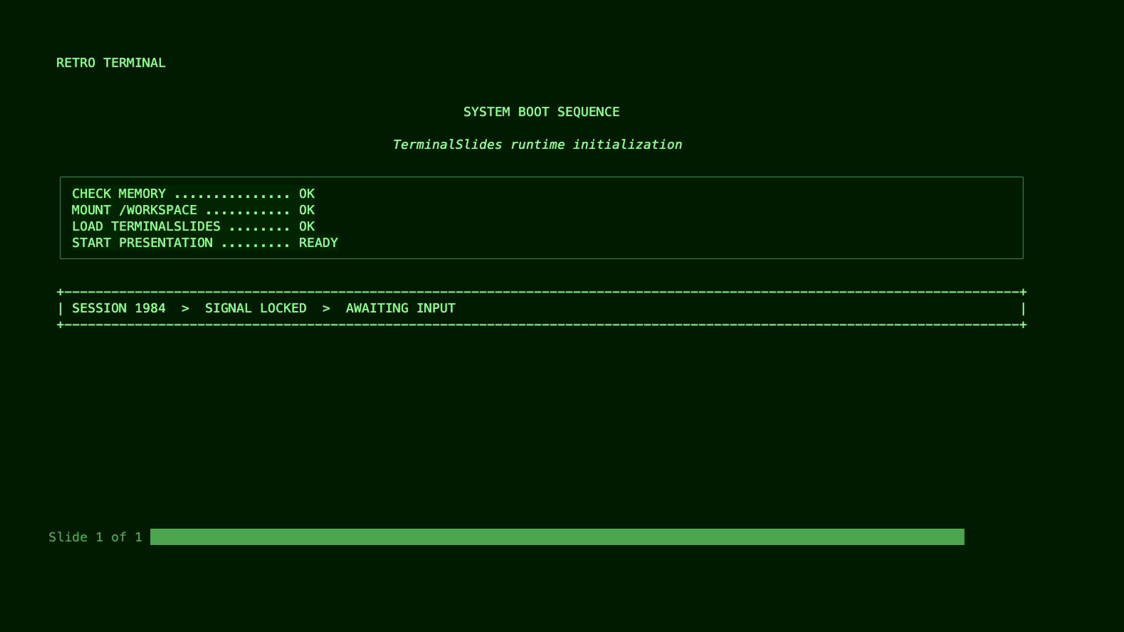 Retro Terminal theme showing a system boot sequence