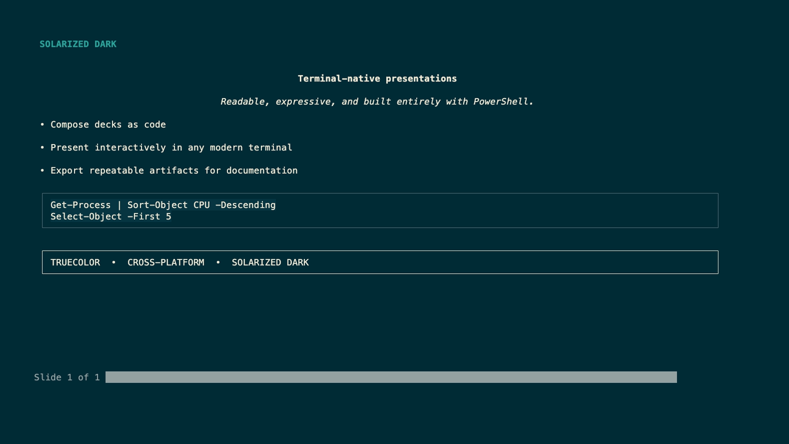 Solarized Dark theme showing bullets and code