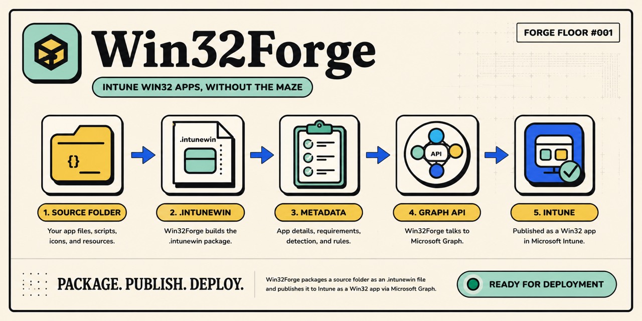 Win32Forge social card showing source folder, .intunewin package, metadata, Graph API, and Intune deployment steps.